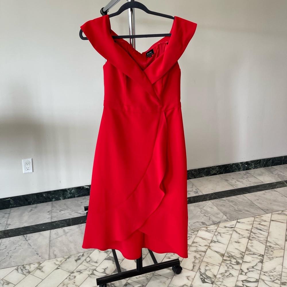 Red Bardot off the shoulder midi dress. Size US 6/Small